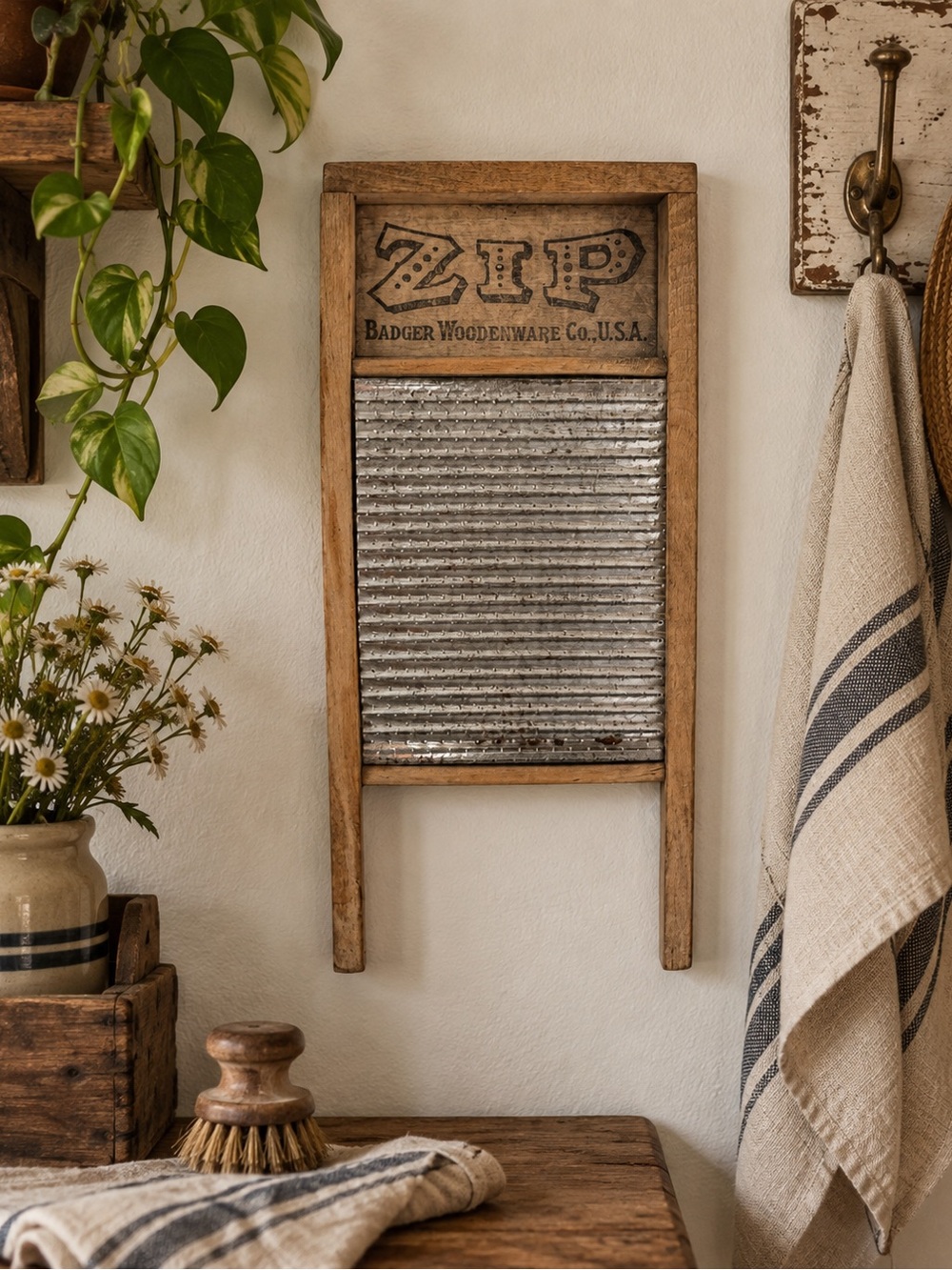Vintage Wooden Distressed Washboard Wall Art